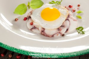 Food Photography Fried Quail Egg and Compressed Octopus